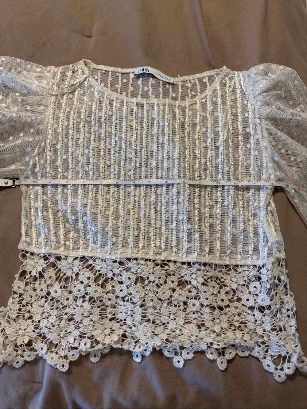 Zara Ivory Dotted Mesh Lace-Trim Long Sleeve Blouse - Picture 5 of 7